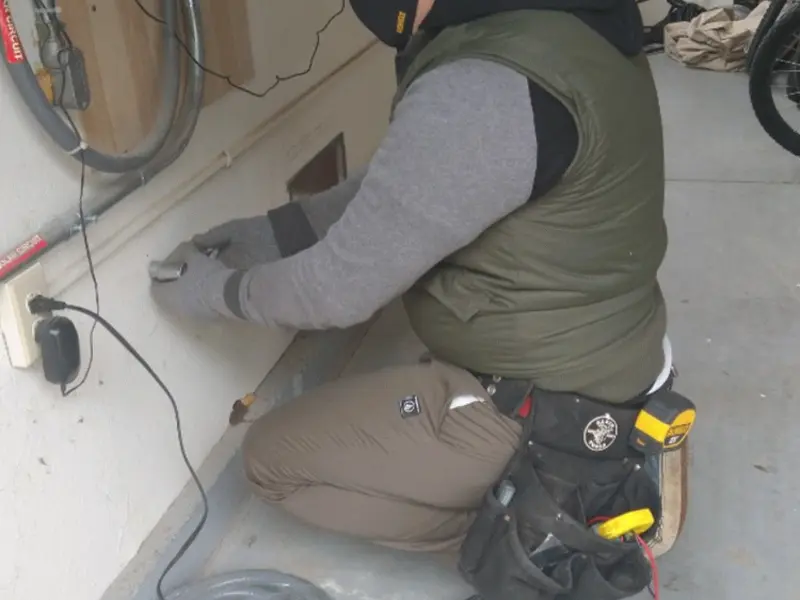 Electrician performing outlet wiring in a Forest Oaks garage